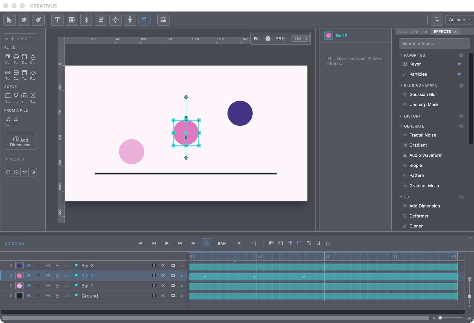 A bouncing ball scene mid-animation with keyframes in the timeline