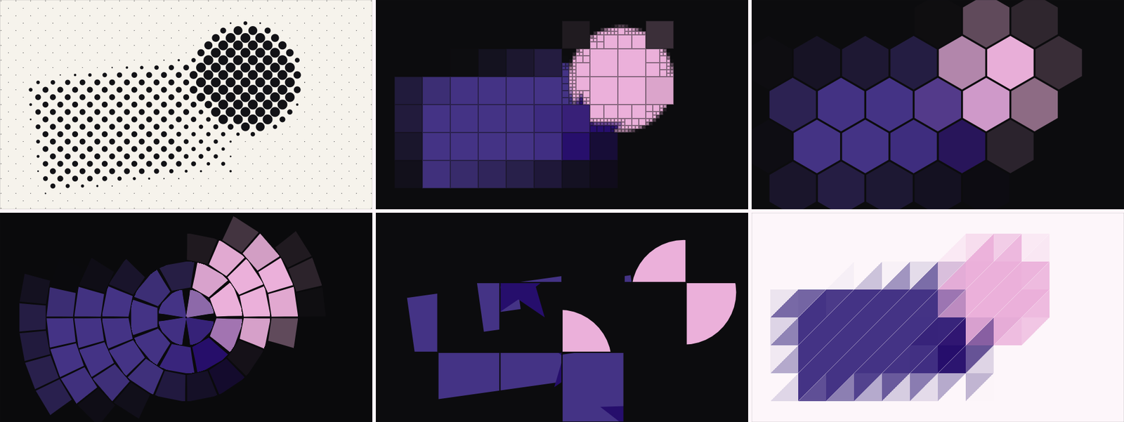Six deconstruct looks — halftone dots, quadtree blocks, hex mosaic, radial dartboard, scrambled tiles, low-poly facets