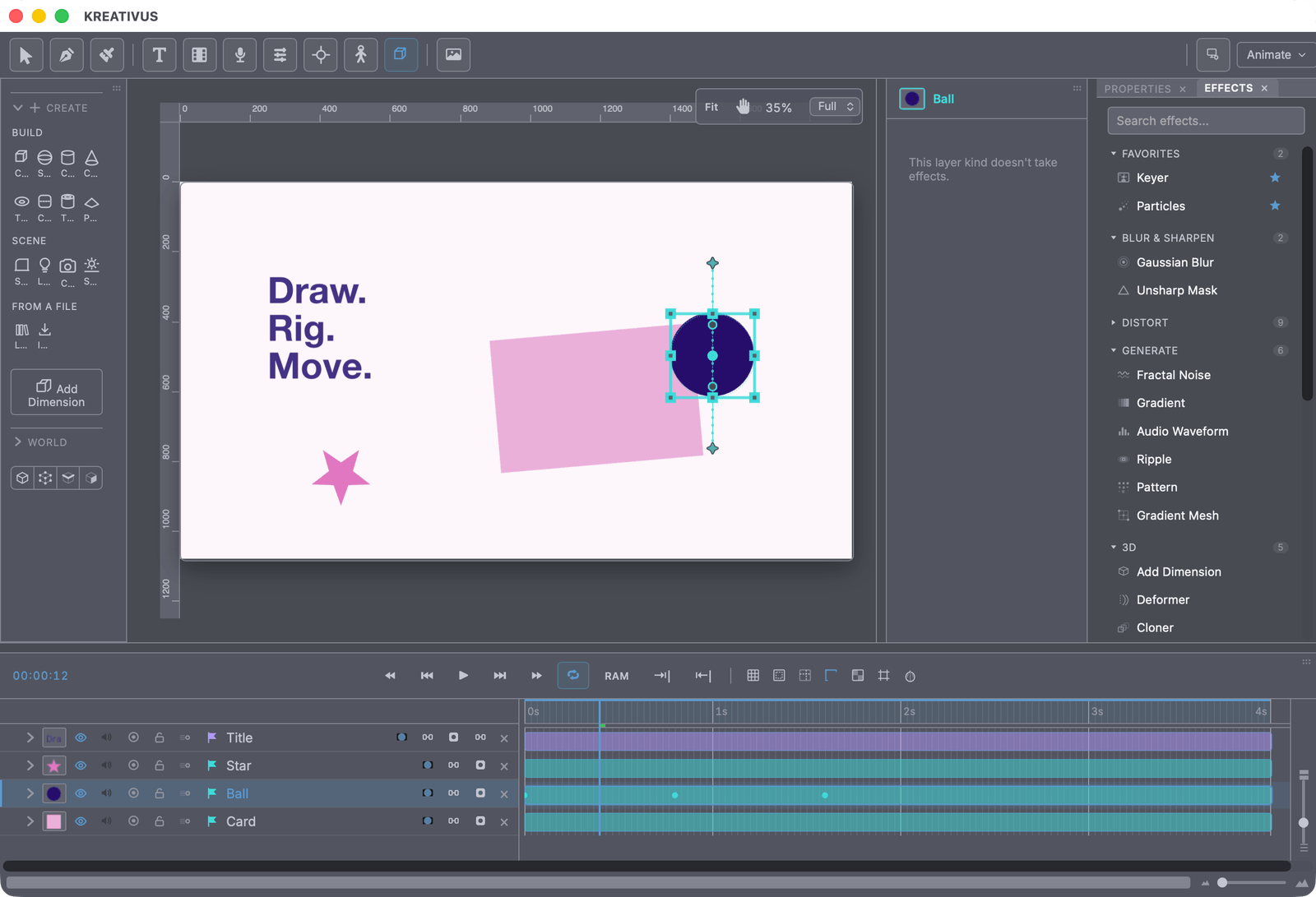The Kreativus desk — viewport, timeline, properties and tools around a first scene