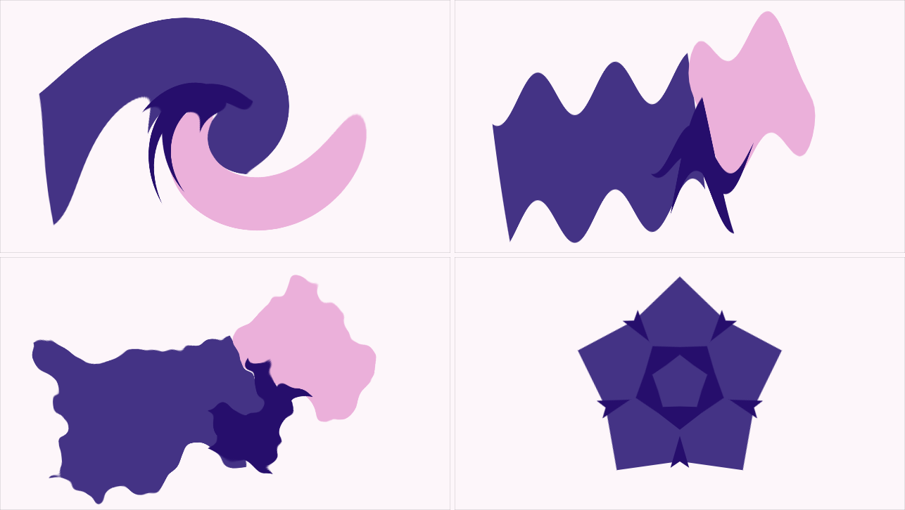 Four distortions on the same shape — twirl vortex, wave warp, turbulent displace, kaleidoscope mirrors