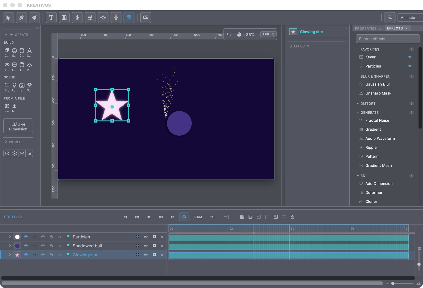 A dark comp with a glowing star, a drop-shadowed ball and a particle stream — the effect browser open on the right