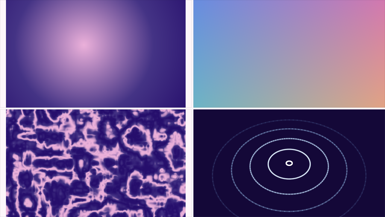 Four generators side by side — a gradient wash, a mesh gradient, fractal noise and a radial audio spectrum