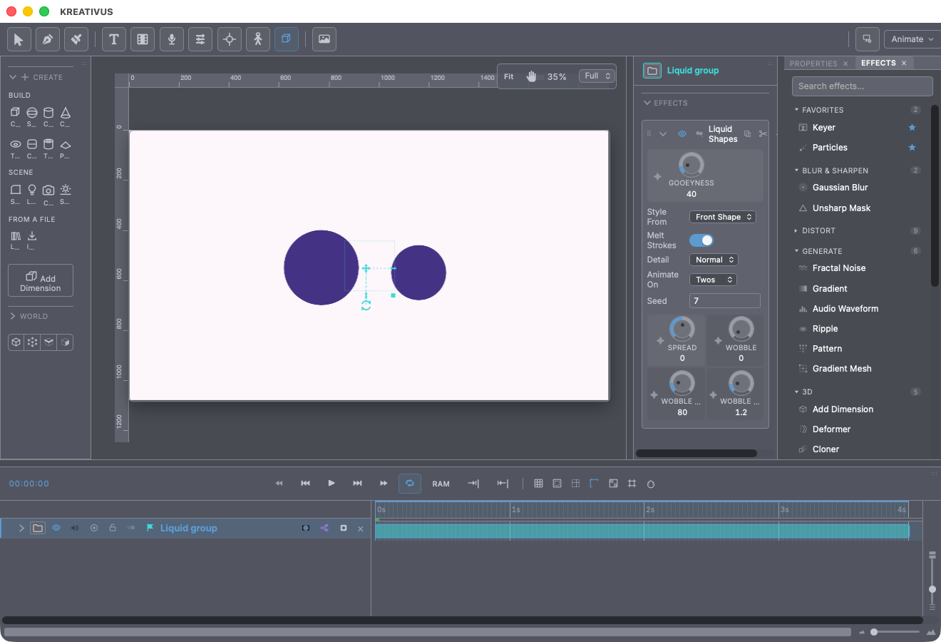 Liquid Shapes on a group in Kreativus — two blobs in the viewport, the Gooeyness master and boil knobs in Properties