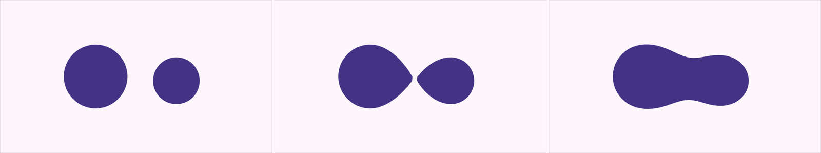 Two blobs at three gooeyness settings — apart, necking, merged into one body
