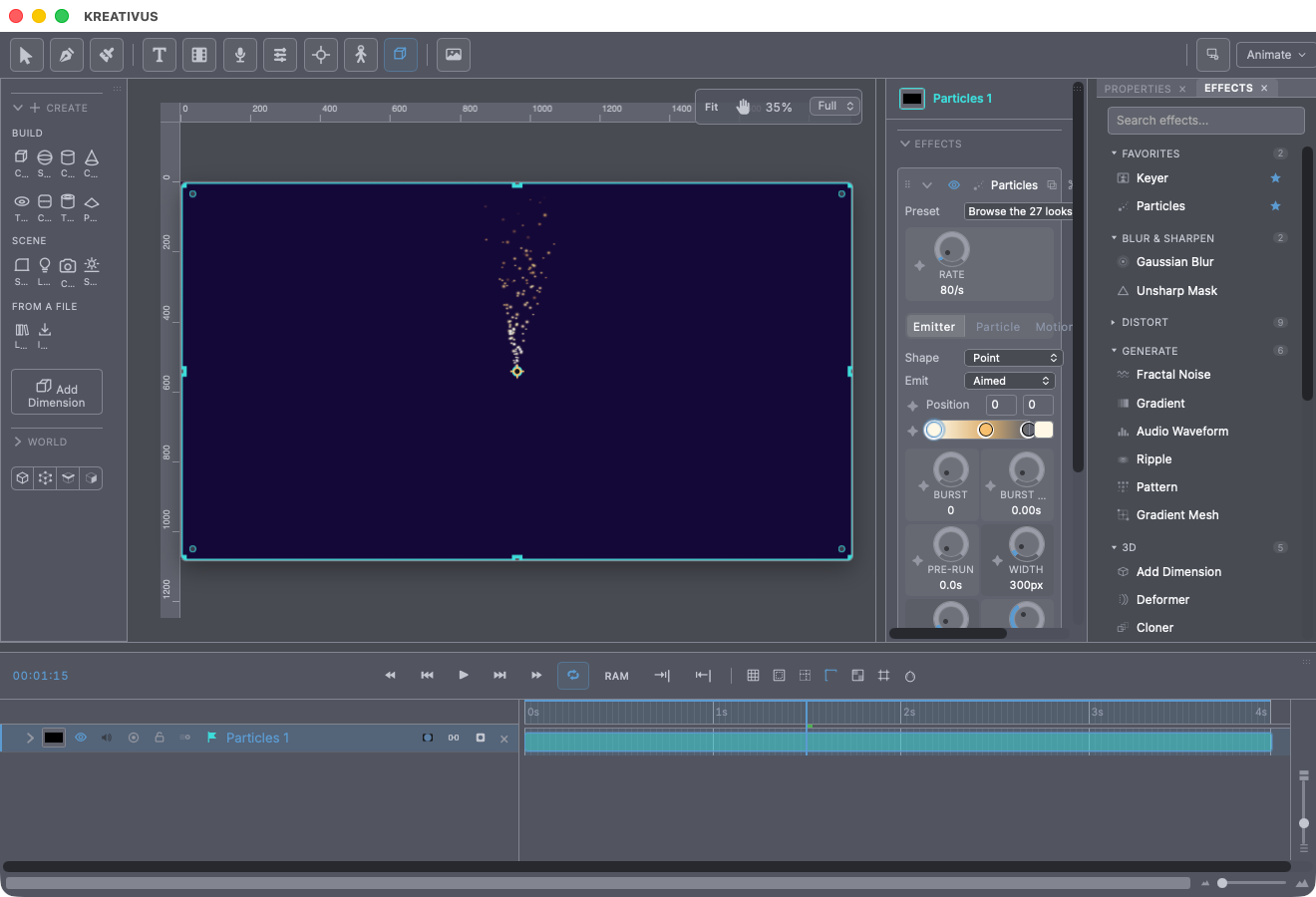 The Particles effect open in Kreativus — embers rising in the viewport, the Emitter tab and Rate master in Properties
