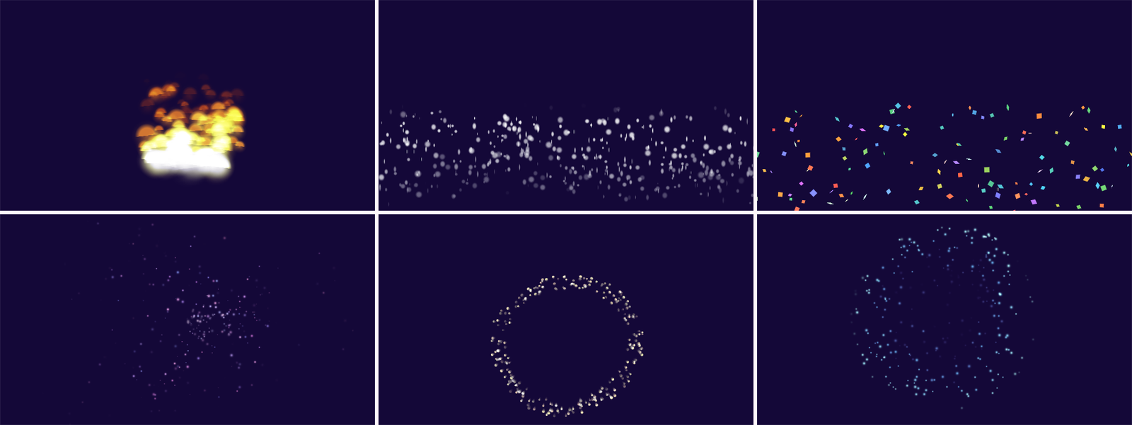 Six particle presets rendered by the engine — fire, snow, confetti, magic dust, fireworks and a portal