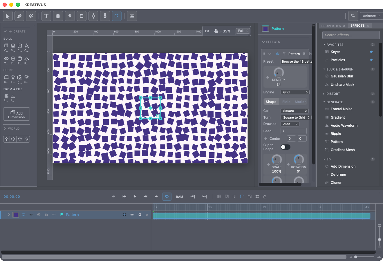 The Pattern effect filling the canvas with a jittered grid — the Density master, Engine picker and Shape tab in Properties