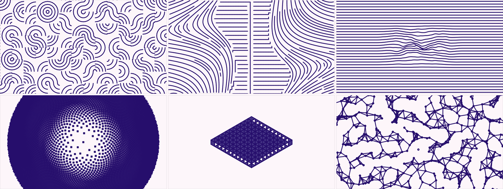 Six pattern presets — a Truchet tiling, flow lines, joy-division contours, a phyllotaxis spiral, an isometric lattice and a node garden