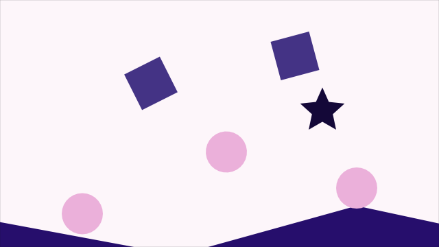 Crates, discs and a star mid-tumble over a drawn hill