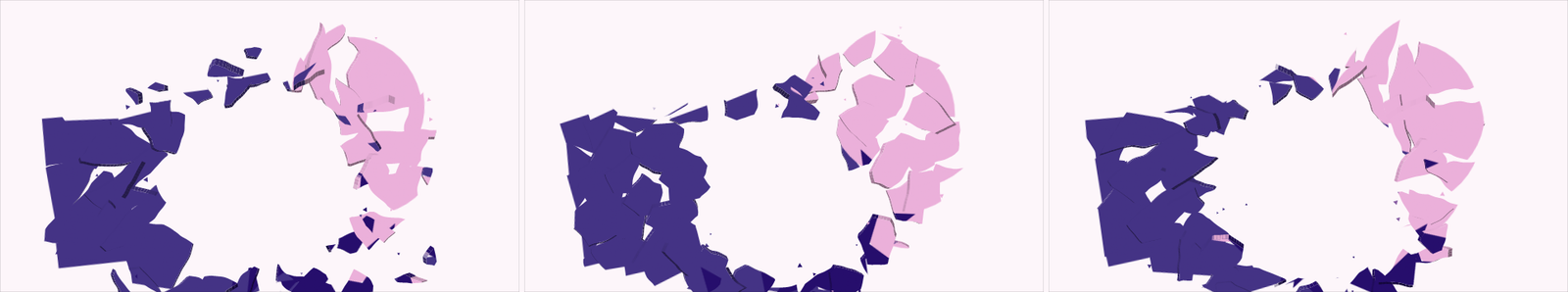 Three shatter patterns mid-explosion — glass web, jittered chunks, long splinters