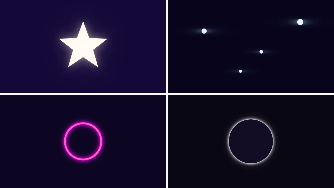 Glow in four modes — soft bloom, anamorphic streak, neon behind text, alpha rim light