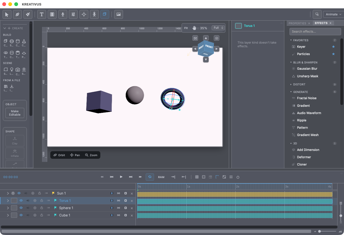 The 3D desk in Kreativus — lit primitives, the rotation gizmo on a torus, the view cube and Orbit/Pan/Zoom