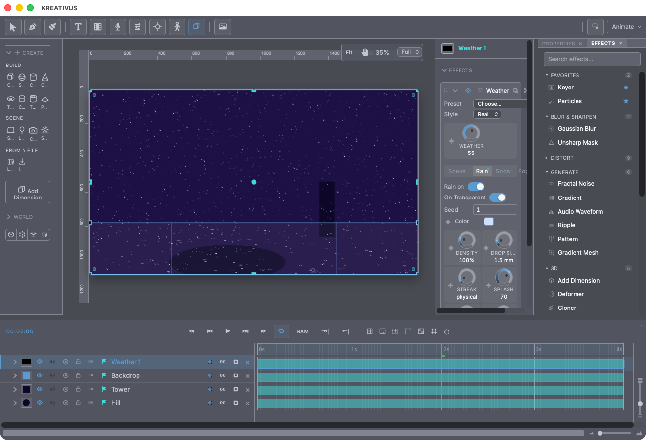 The Weather effect on the desk — rain falling over a silhouette scene, the Rain tab open with Density, Drop Size and Splash