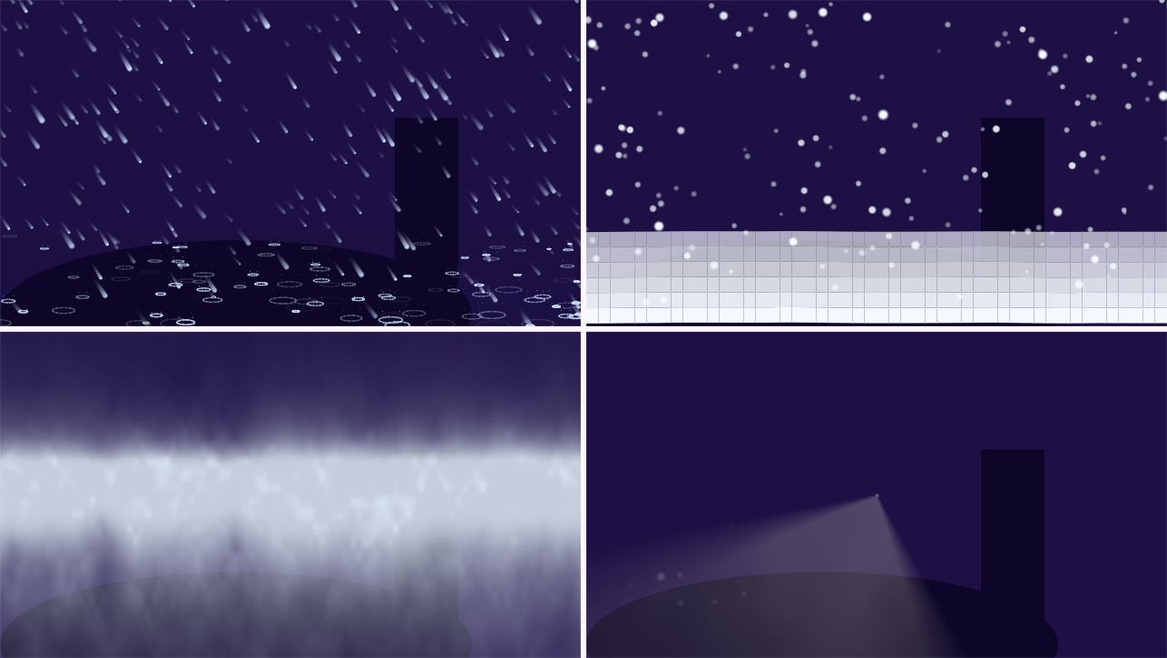 Four weather modules rendered by the engine — rain, snow, fog and light rays