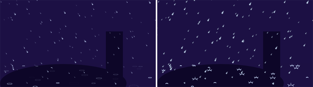 The same rain twice — photographic streaks and outlined toon teardrops